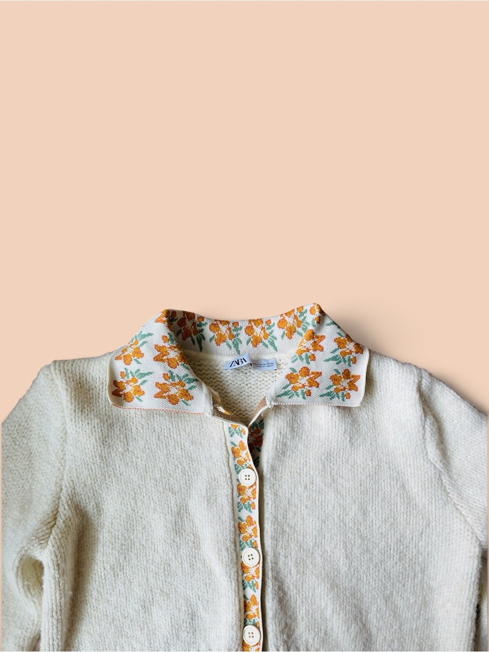 Zara Cream Cropped Cardigan with Orange Floral Trim - Picture 3 of 4